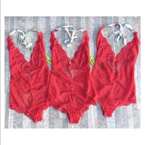 NWT Sam Edelman red lace bodysuit halter tie deepV finalprice brand new rosepink